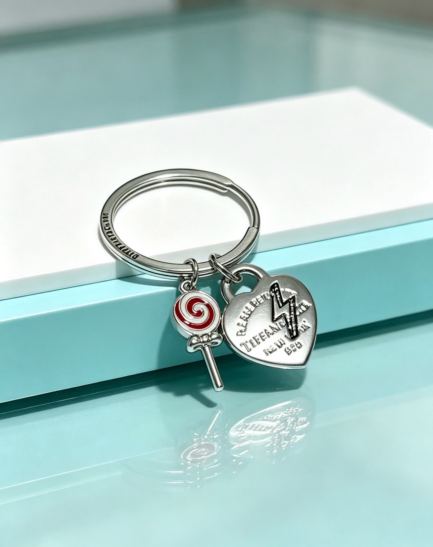Tiffany & Co Silver Keychain with Lollipop and Heart Charms